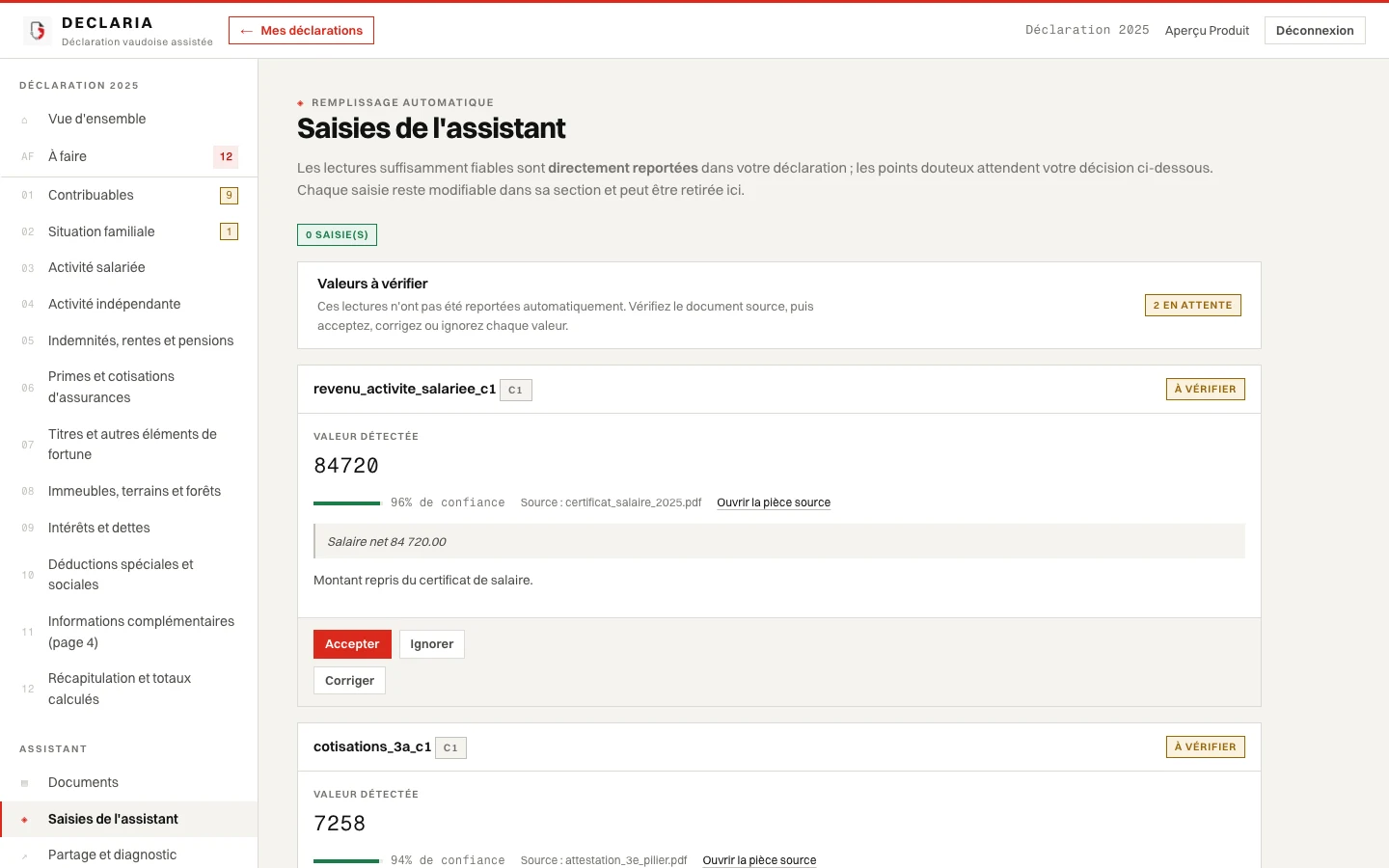 Écran de vérification des saisies proposées par Declaria