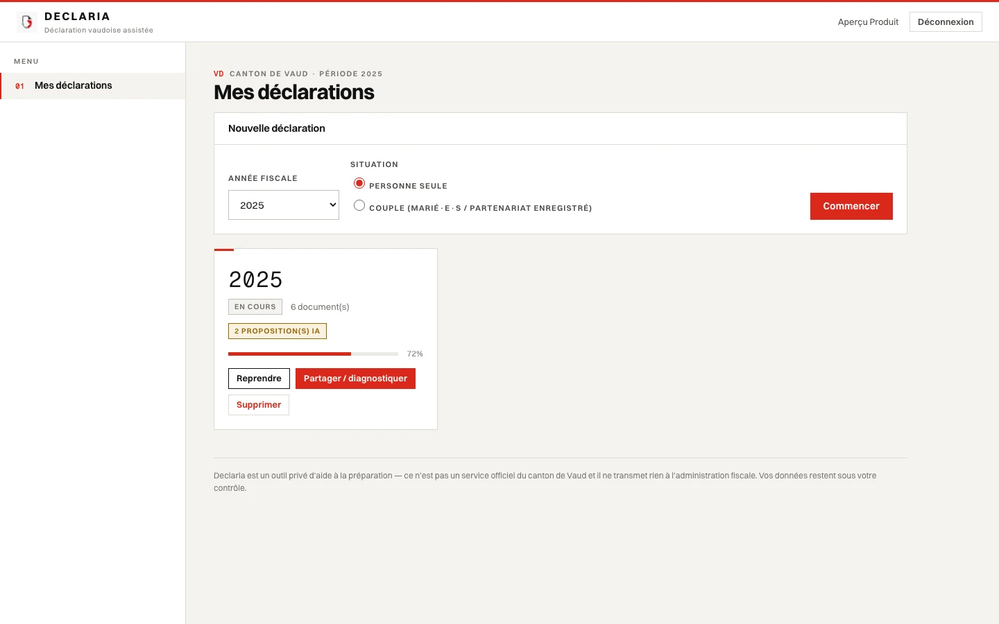 Tableau de bord Declaria avec une déclaration en cours