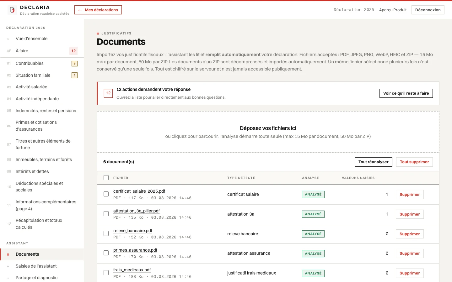 Écran Documents de Declaria avec six justificatifs analysés