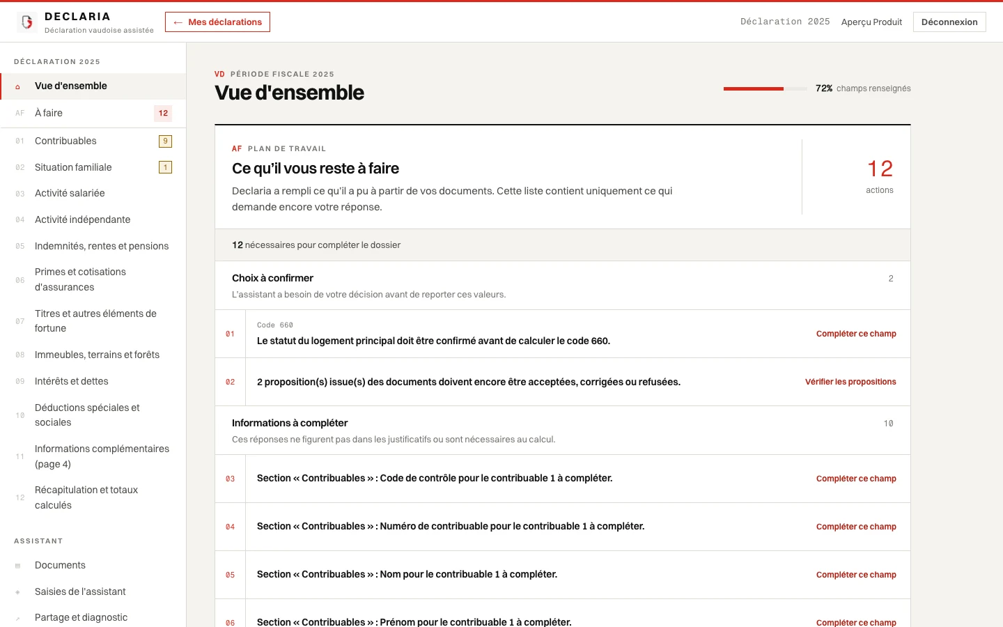 Vue d’ensemble de Declaria avec le plan des actions restant à compléter